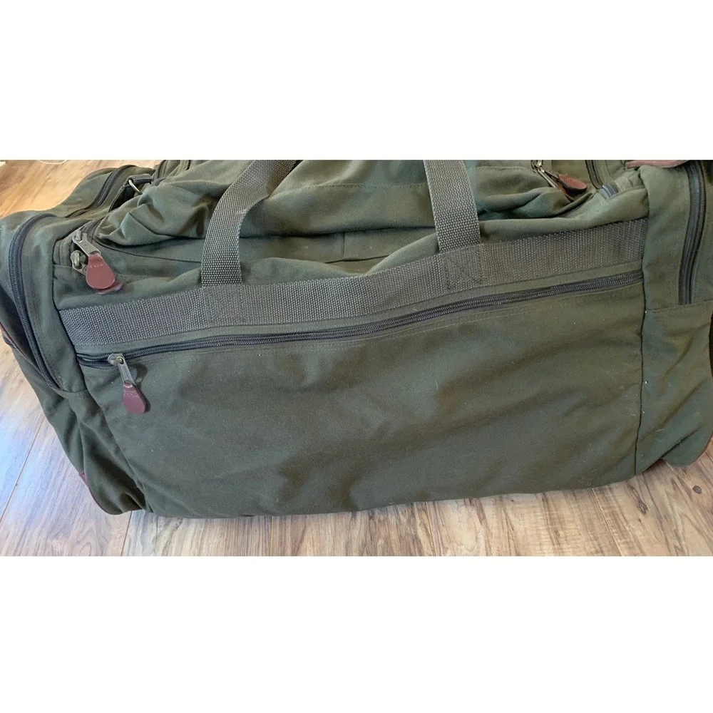 Vintage Cabela's Large Duffle Bag Olive Green Canvas Leather Trim Hunting Travel